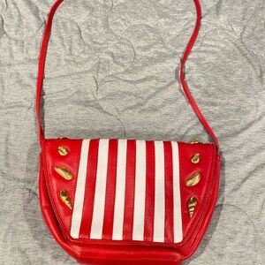 BRIZZOLARI Red and White Striped Leather Shoulder Bag
